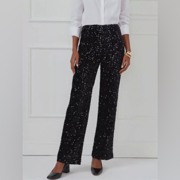 J. McLaughlin Black Sequin Velour Flat Front Wide Leg Carter Pants Size 8